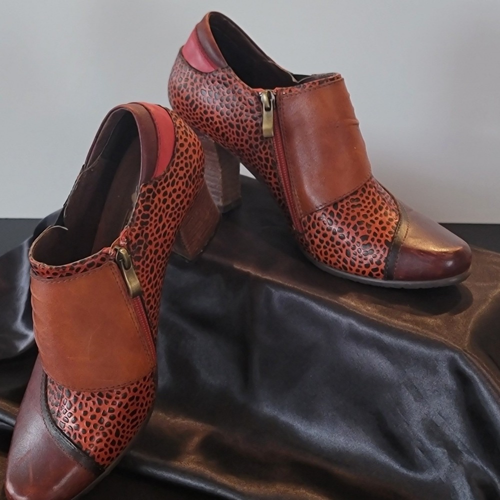 Spring Step L'Artiste Womens 38 Leather Animal Print Patchwork Ankle Boots Brown